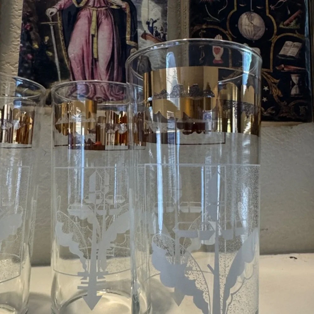 Bartlett & Collins MCM 22K Gold Leaf Highball Glasses, Signed 